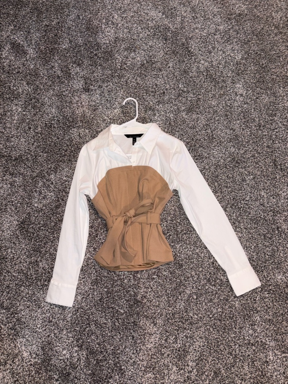 White Long-Sleeve Shirt with Tan Tie-Waist Bustier